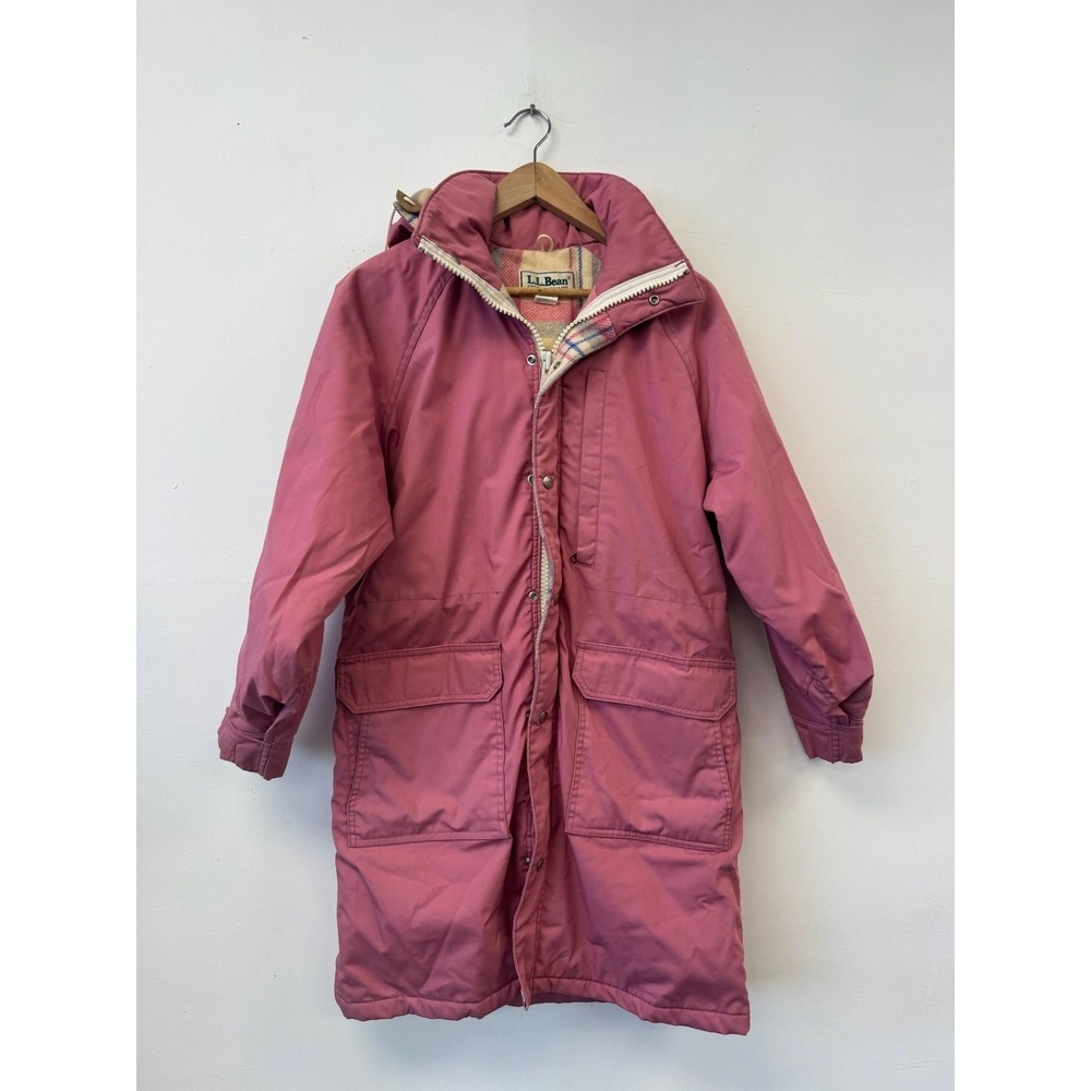 Vintage L.L.Bean Jacket Womens Large Pink Hooded Plaid‎ Lined Parka Coat 80s